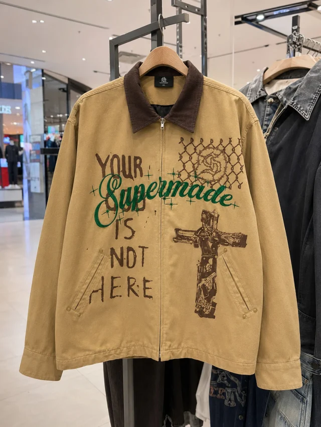 A sand canvas work jacket on a store hanger. It has a brown corduroy collar and a brown and green print on the front.