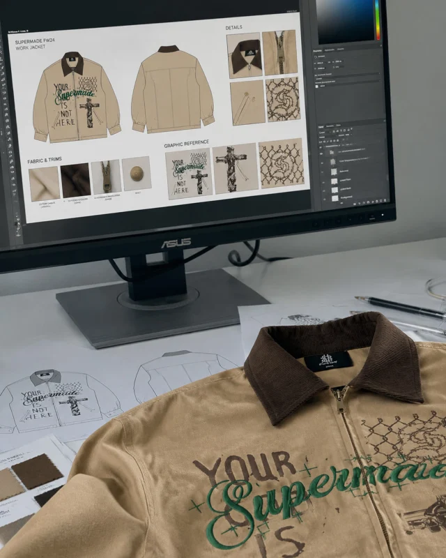 The sand zip jacket on a desk in front of a monitor showing its front and back design drawings.