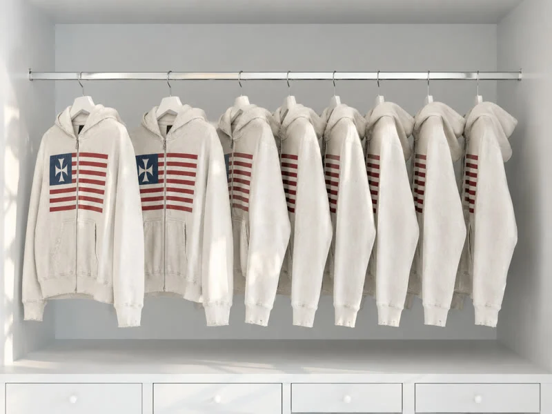Off-white zip hoodies with a flag graphic hanging on a white rail.