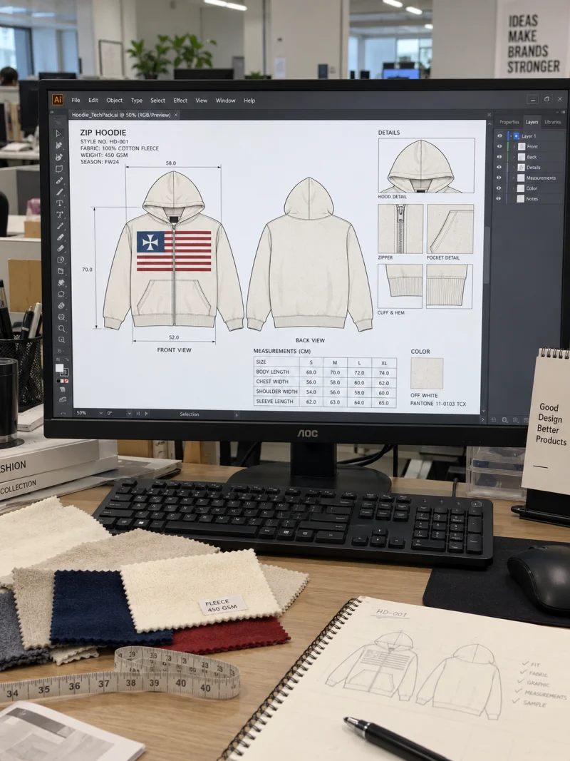 Front and back drawings of the hoodie on its spec sheet, beside detail drawings and a size chart for sizes S to XL.