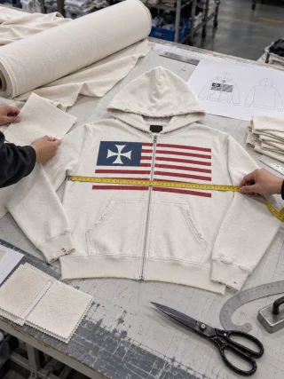 A measuring tape across the off-white zip hoodie on a cutting table during the garment review.