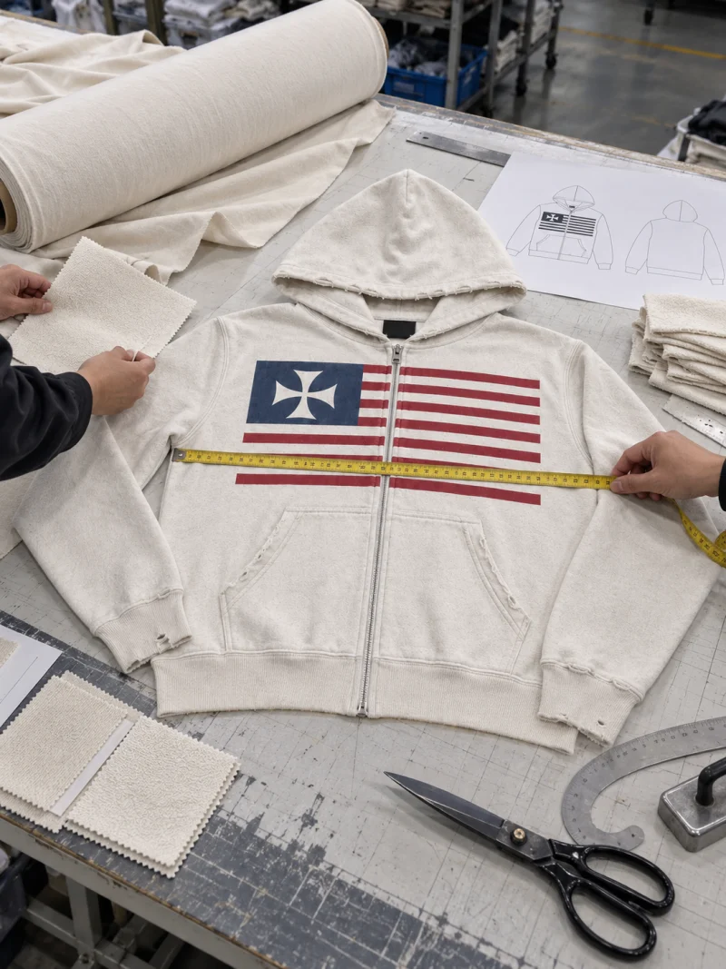A measuring tape held across the chest of an off-white zip hoodie on a cutting table.