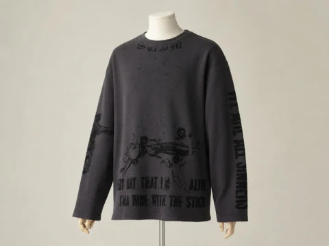 Washed charcoal waffle-knit graphic long sleeve on a mannequin.