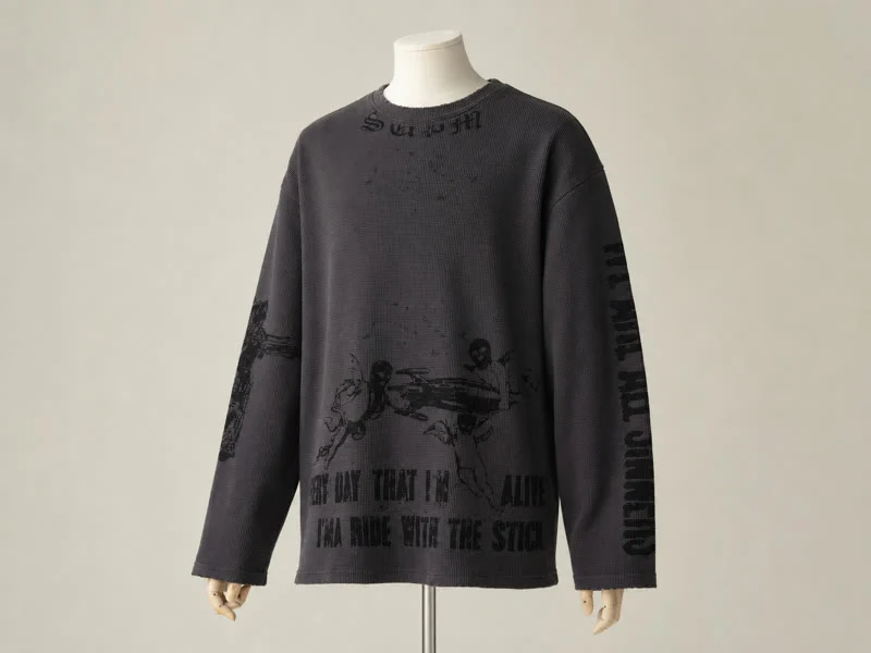 A garment-dyed charcoal waffle-knit long sleeve with a dark screen print, on a dress form.