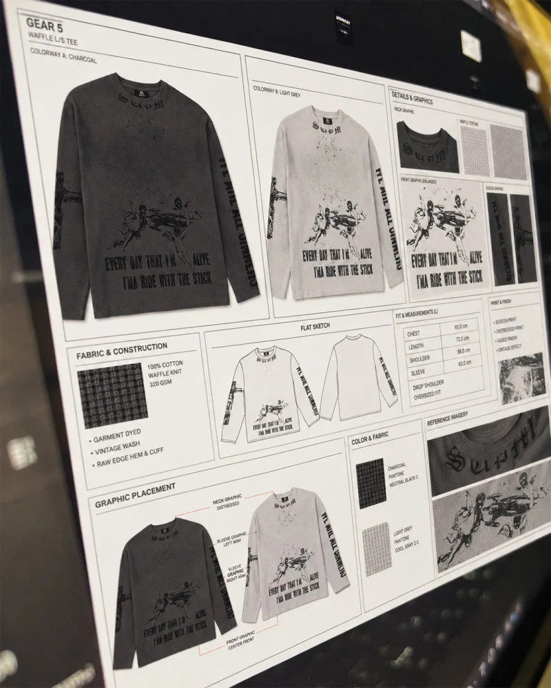 Drawings of the waffle long sleeve in charcoal and light gray on its design sheet.