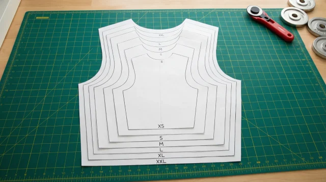 Nested paper pattern pieces for several sizes laid on a green cutting mat.