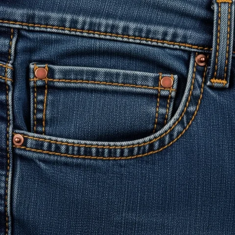 The front pocket of blue jeans, with a coin pocket and copper rivets at the corners.