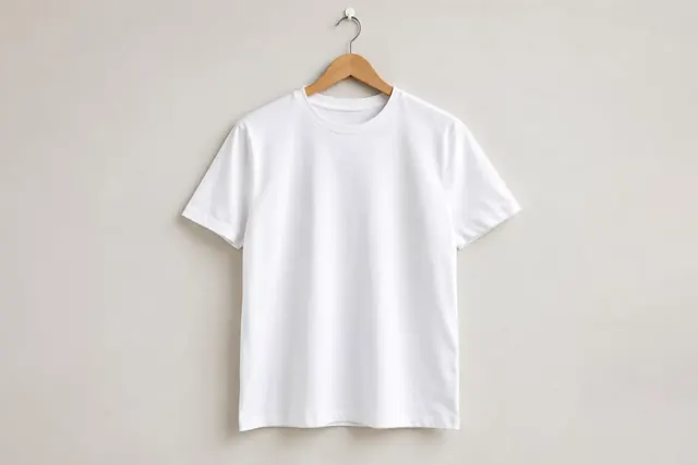 A plain white T-shirt hanging on a wooden hanger against a pale wall.