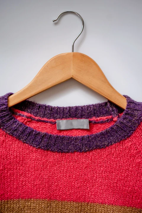 A red and purple striped crewneck sweater on a wooden hanger against a pale grey wall.