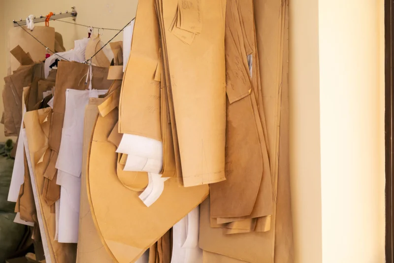 Paper garment patterns hanging in a workroom.