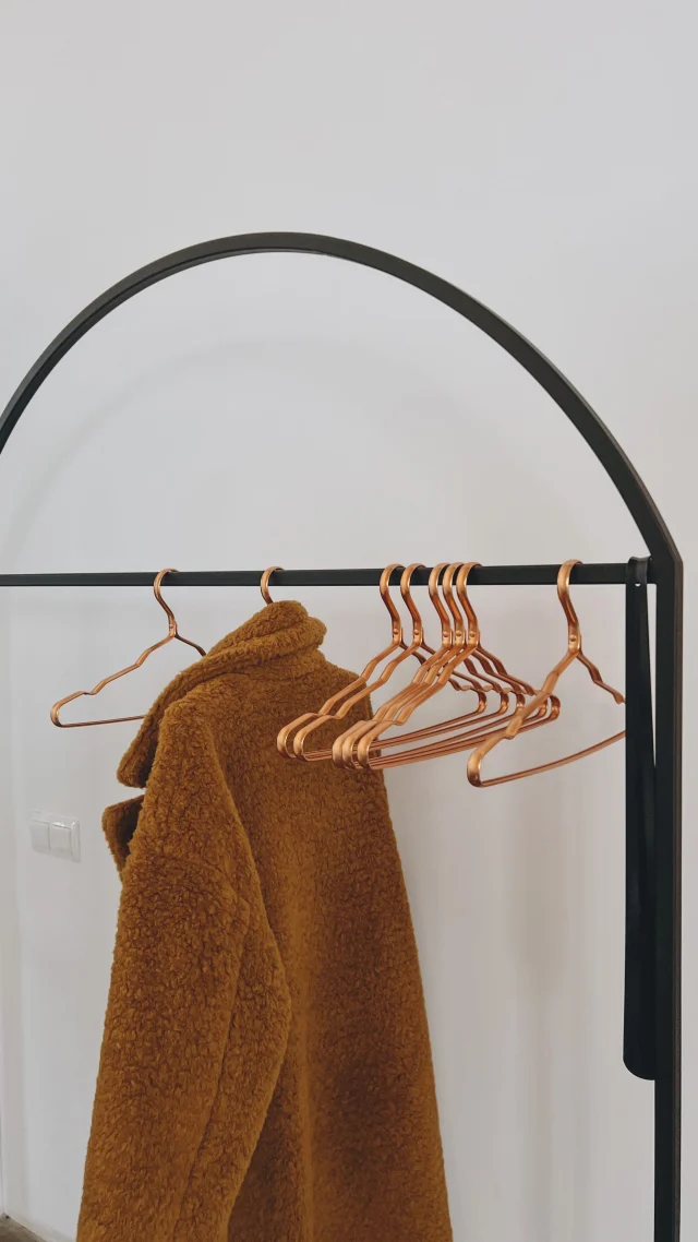 A teddy coat on an arched black clothes rail with empty copper hangers, against a white wall.