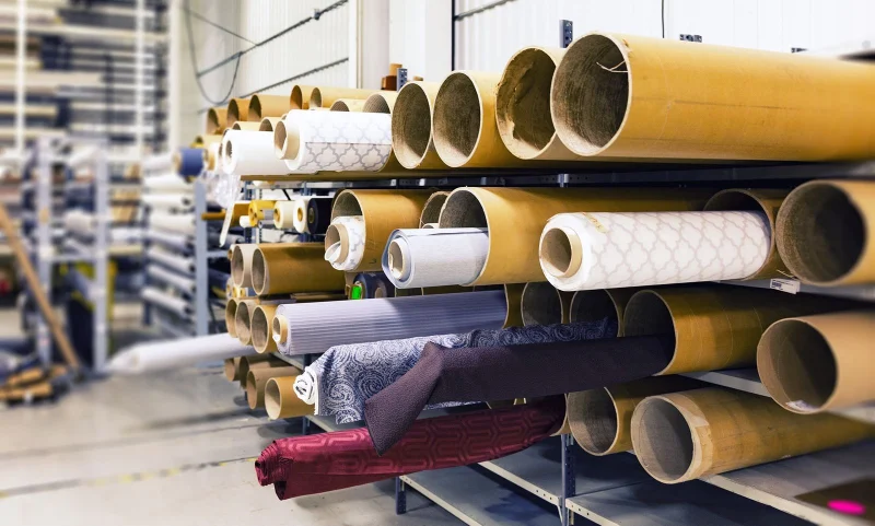 Rows of fabric rolls on factory shelves.