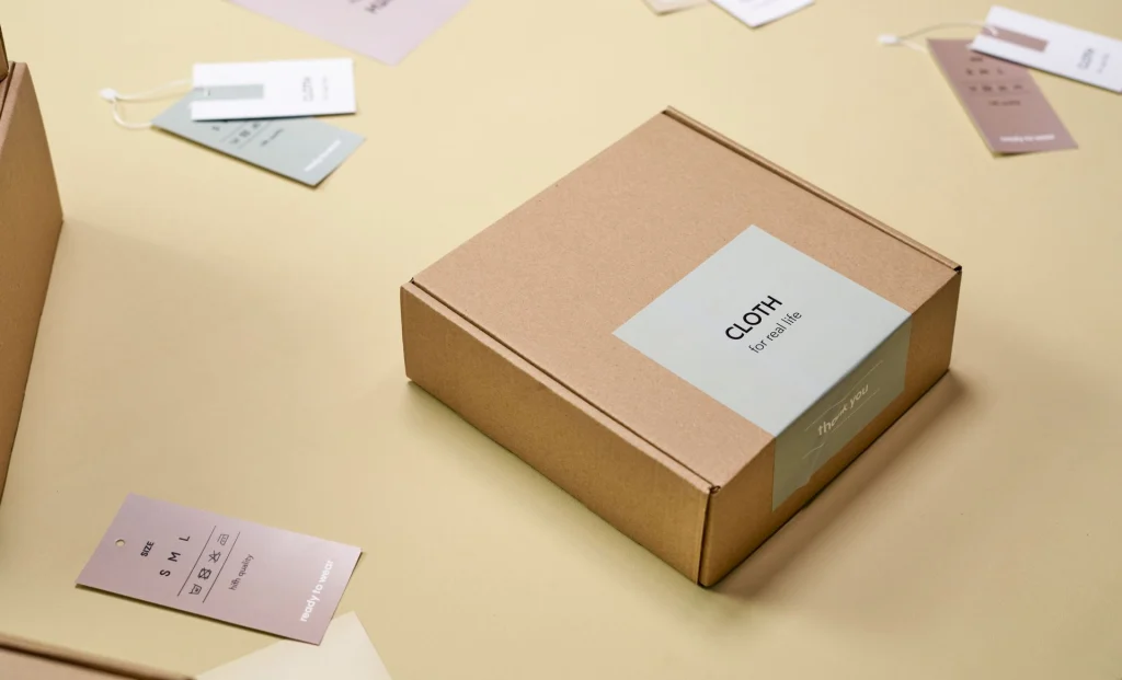 A kraft mailer box with a printed brand sticker on a beige surface, with blank hang tags scattered around it.